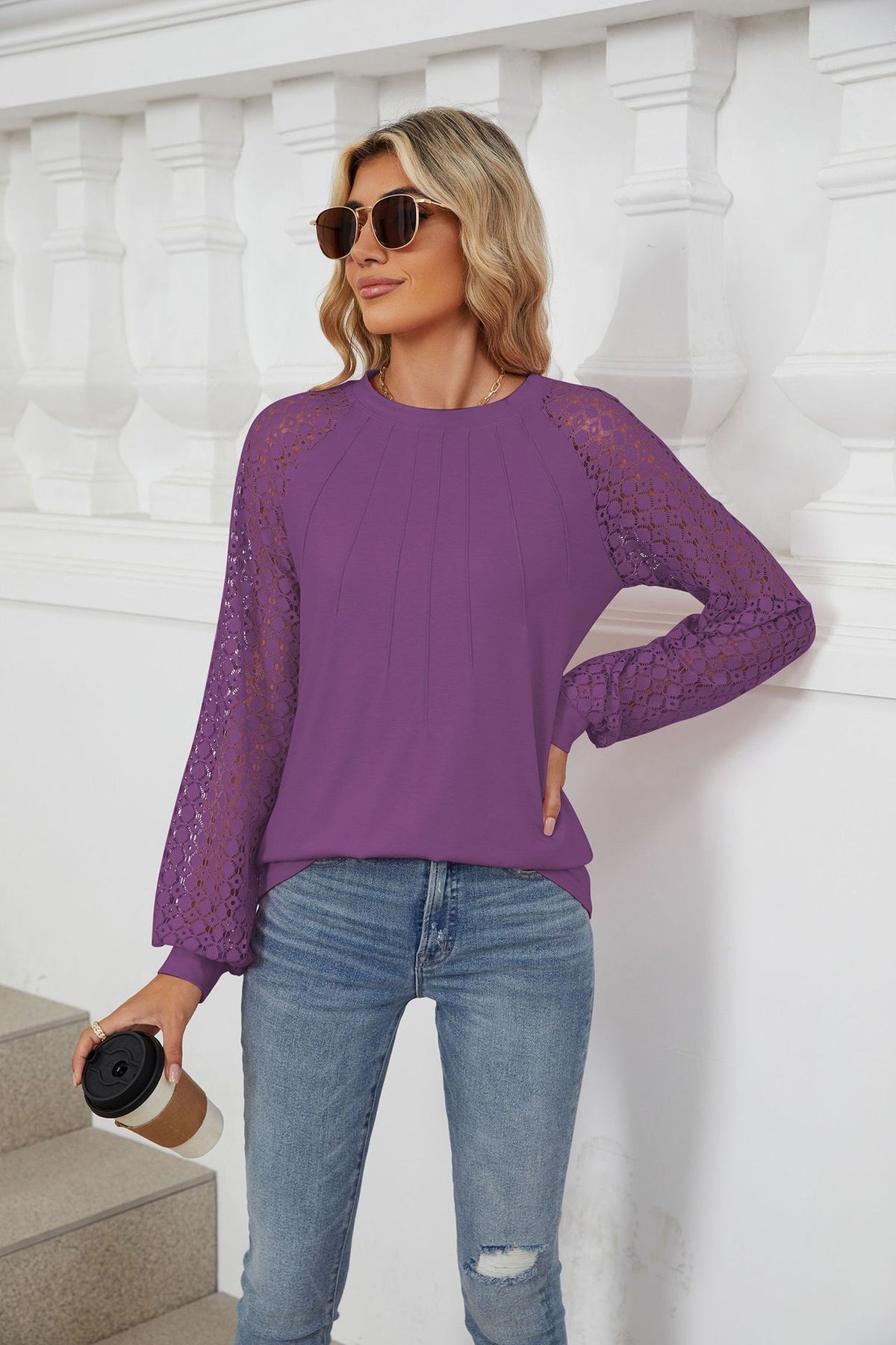 Women's Lace Long Sleeve Raglan Tunic Top Pleated