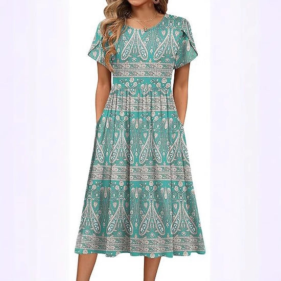 Boho Floral Midi Dress for Women Round Neck Short Sleeve