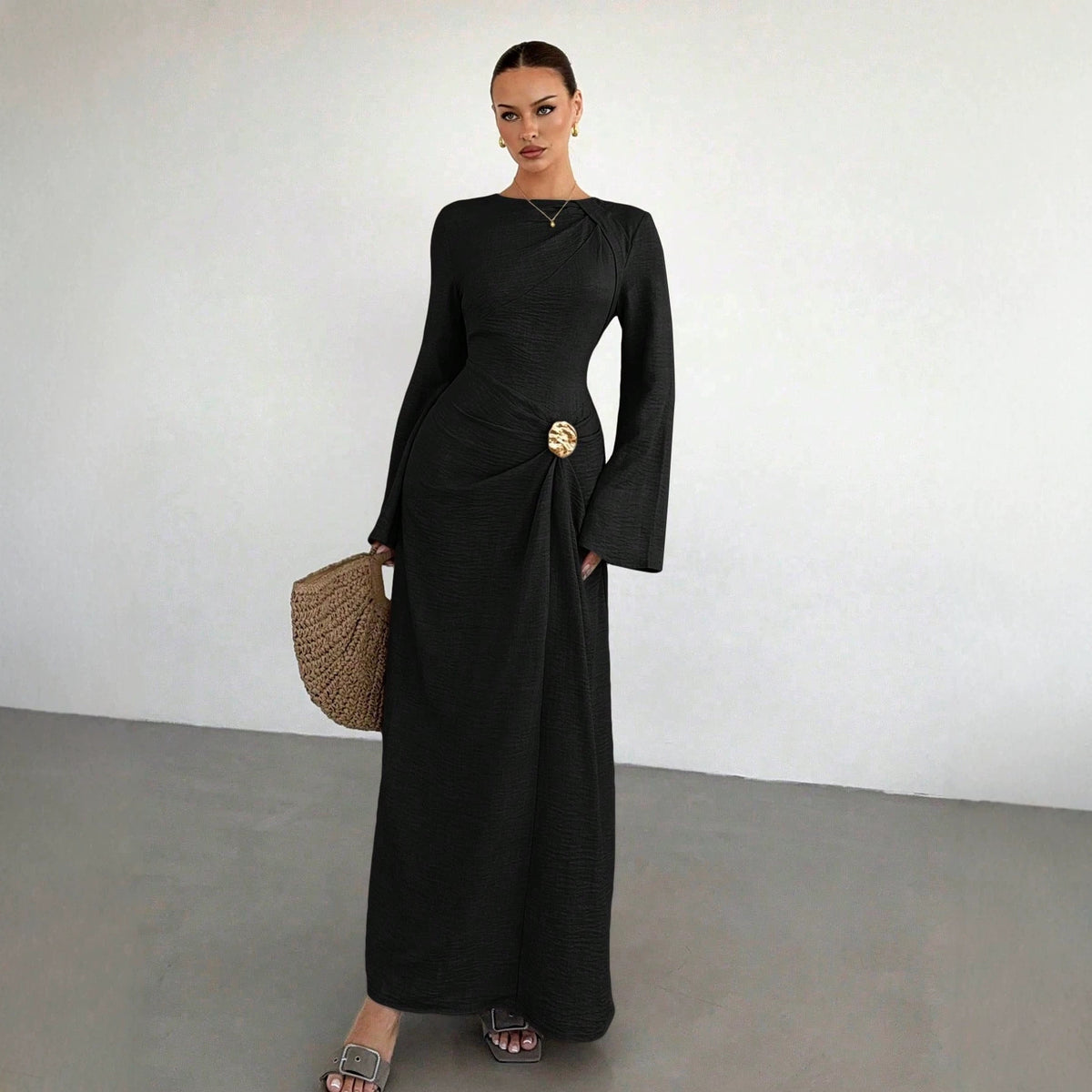 Women's Bell Sleeve Ruched Maxi Dress Gold Button