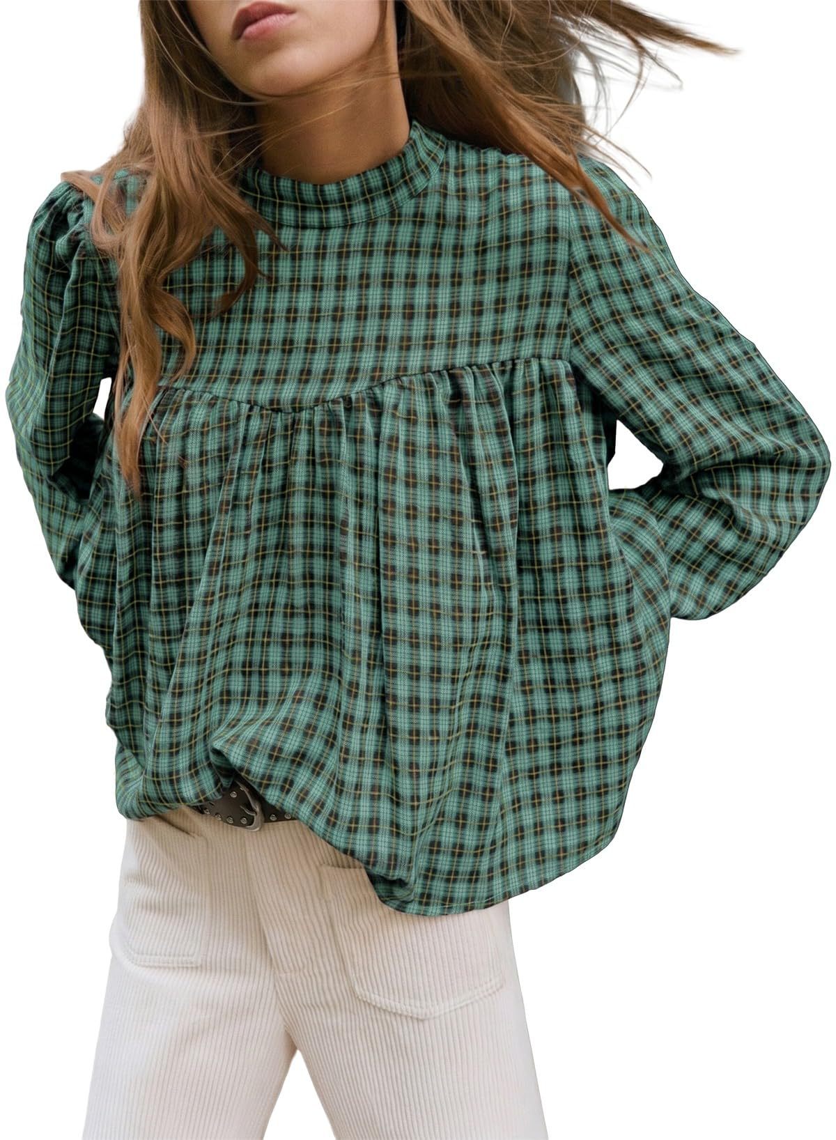 Plaid Mock Neck Babydoll Blouse Long Sleeve Top