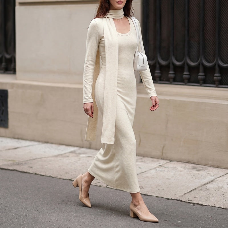 Scarf Neck Bodycon Sweater Dress Fishtail Maxi