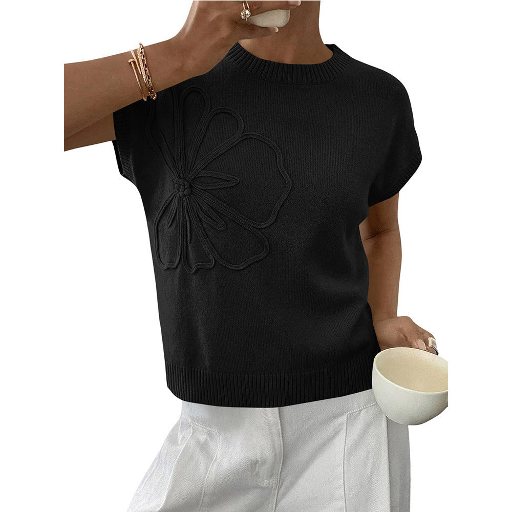 Womens 3D Floral Knit Top Short Sleeve Pullover