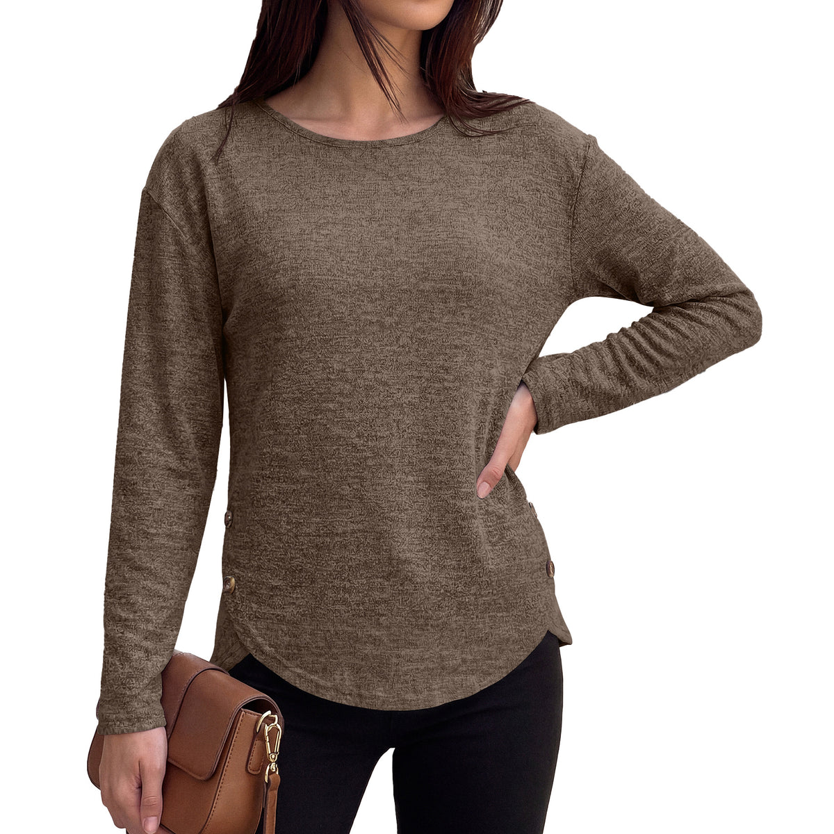Women's Loose Long Sleeve Side Button Slit Tunic Top