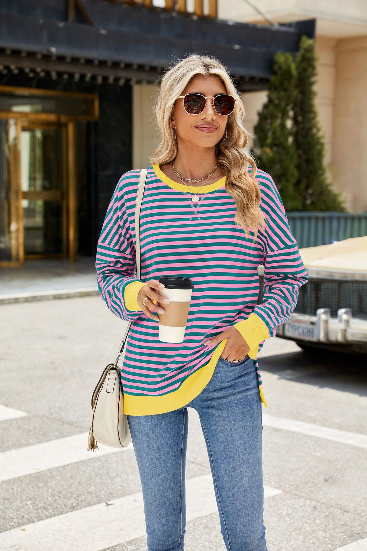 Women's Striped Color Block Sweatshirt Raglan Split Hem