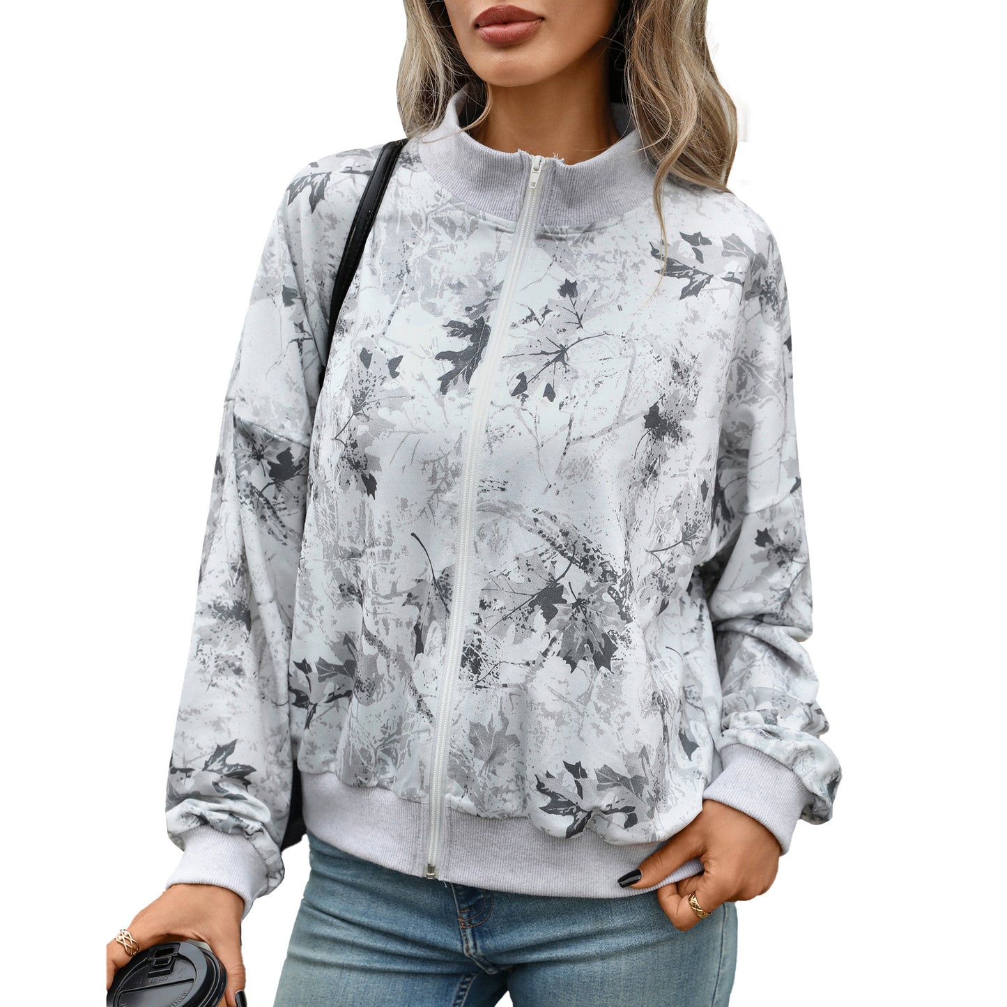 Women's Oversized Printed Zip Up Sweatshirt Mock Neck