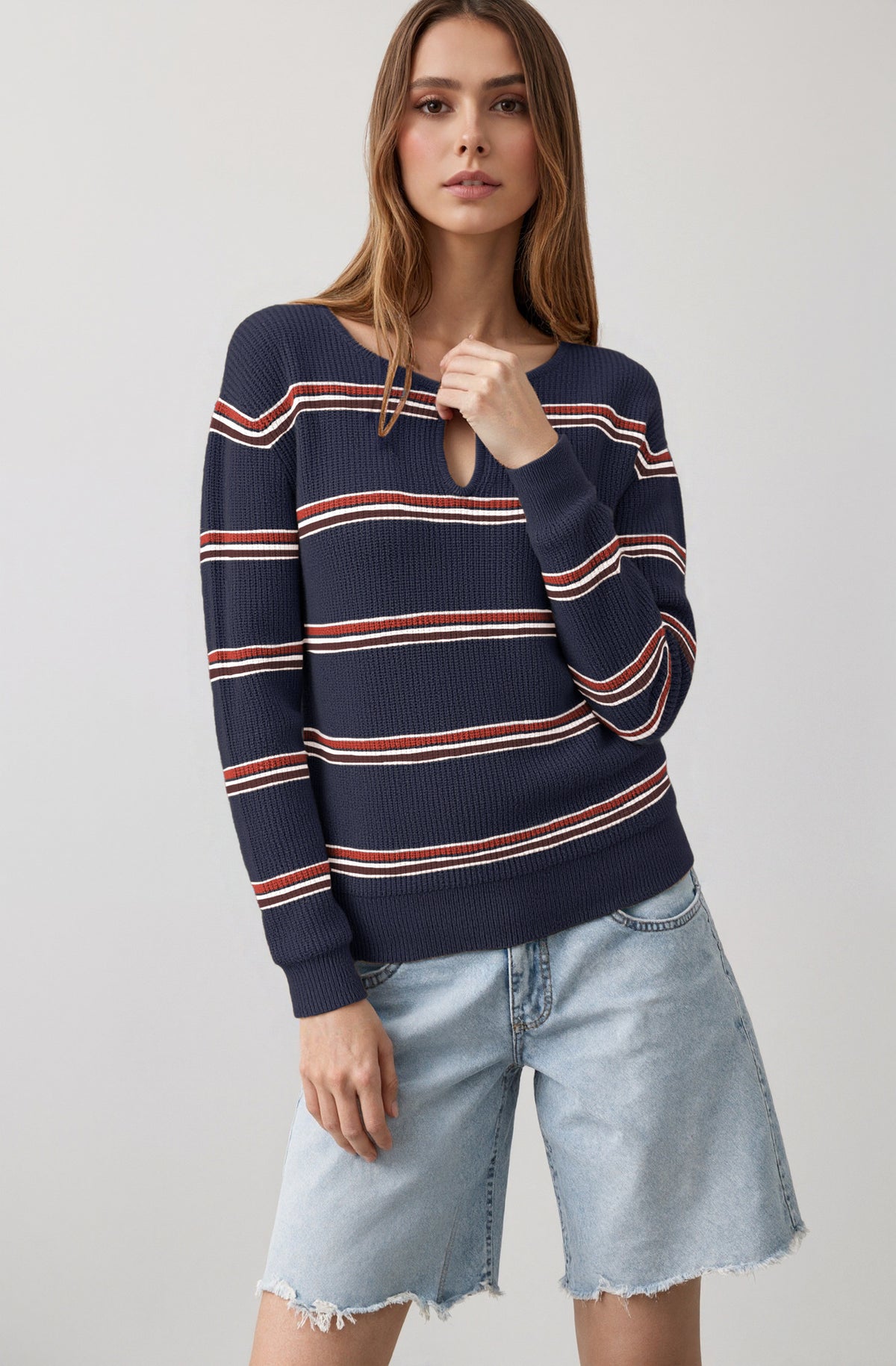 Women's Striped Long Sleeve Keyhole Knit Sweater