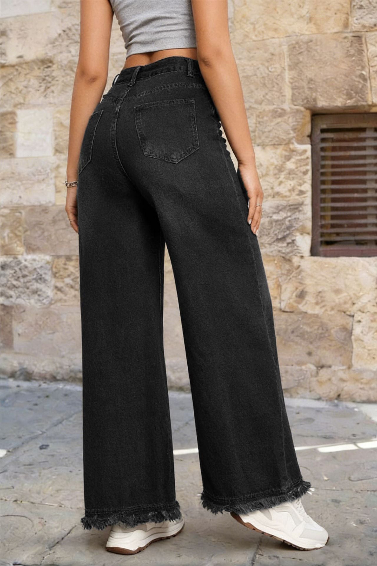 Washed Denim Jeans Vintage High Waist Wide Leg Fringe