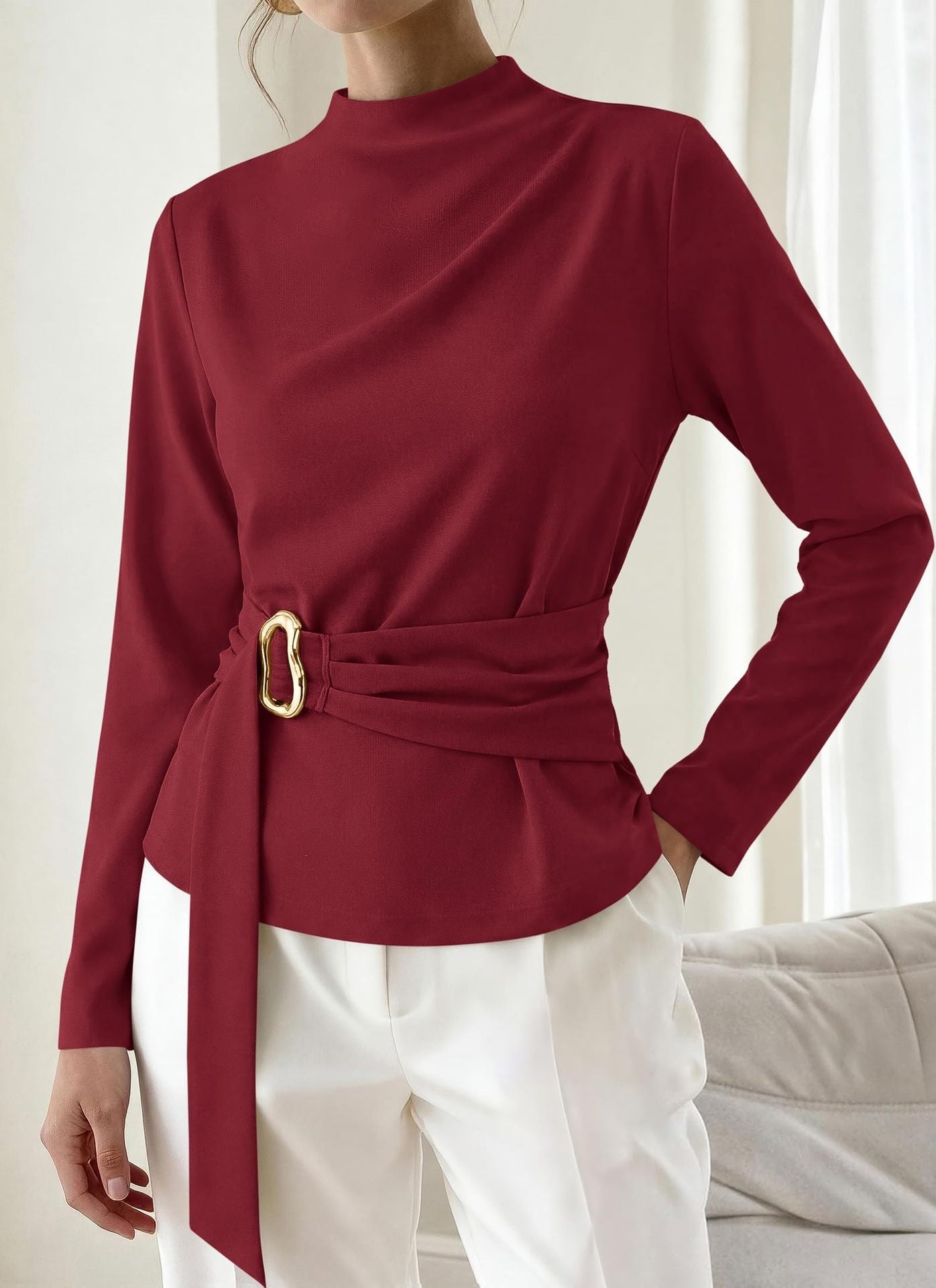 Solid Ponte Top Mock Neck Blouse Belted Slim Fit Elegant