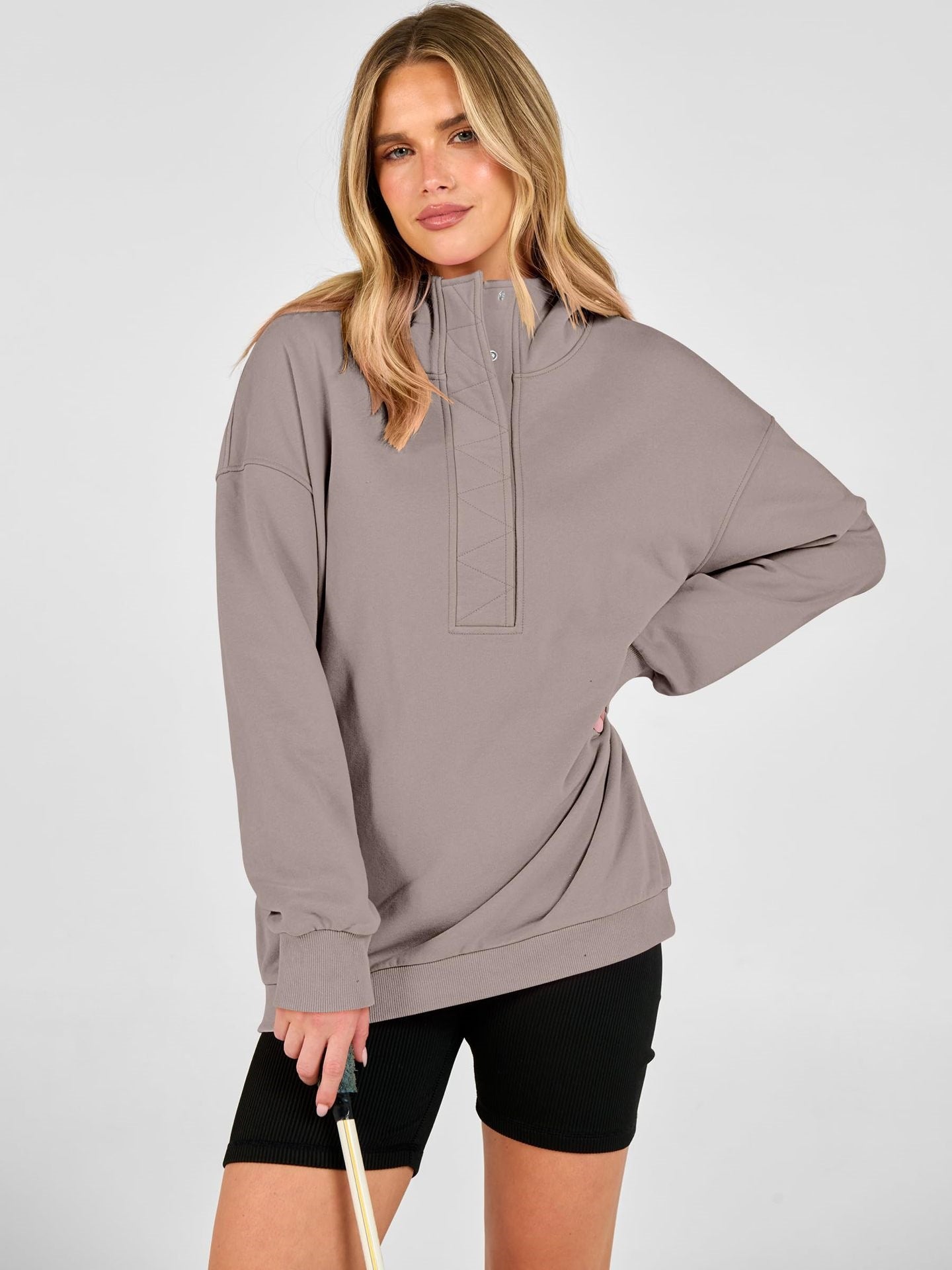 Solid Cotton Blend Hoodie Casual Oversized Snap Neck