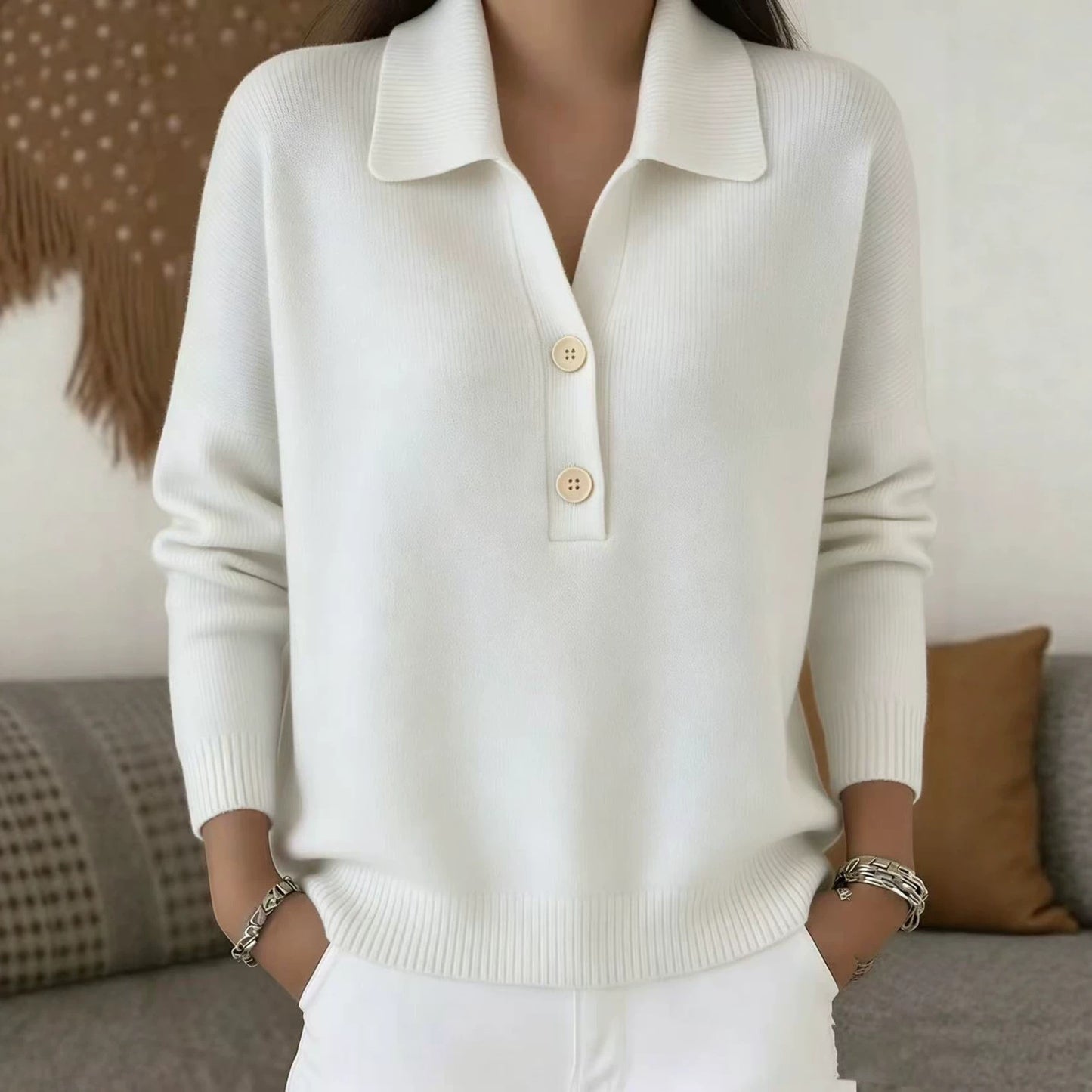 Solid Knit Polo Collar Sweater Button Front Relaxed Fit