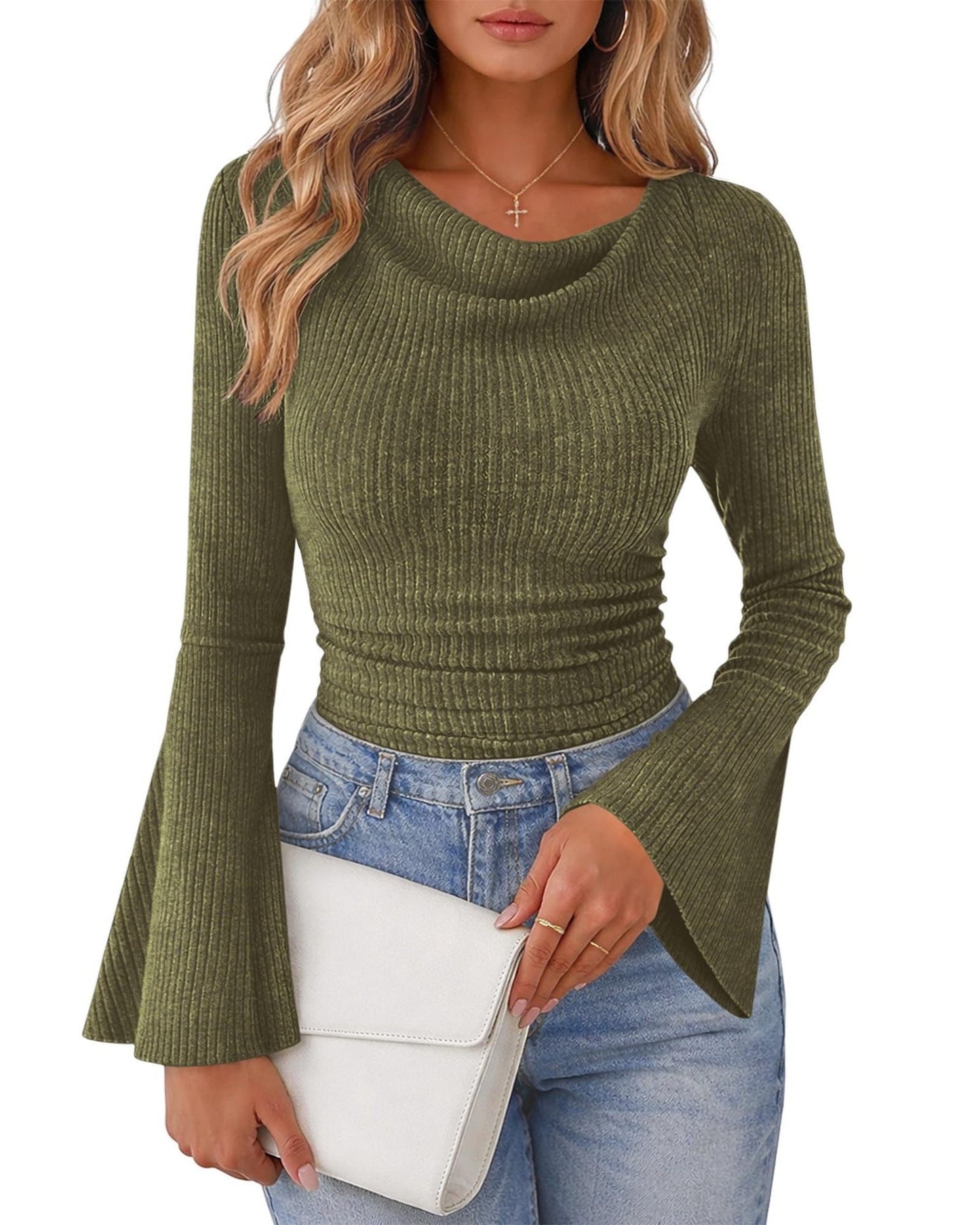 Women's Cowl Neck Bell Sleeve Ribbed Fitted Top