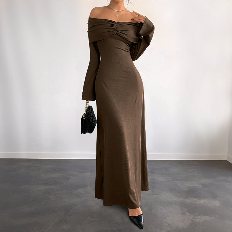 Chic Off-Shoulder Bodycon Maxi Dress in Brown