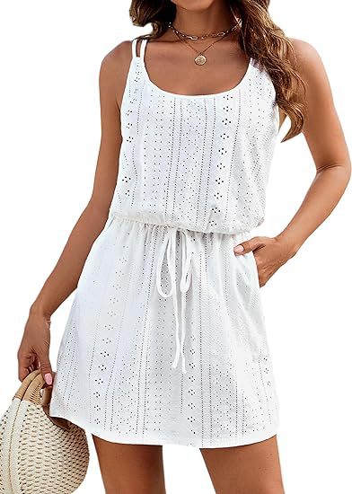 Eyelet Lace Sundress Resort Sleeveless Drawstring Waist