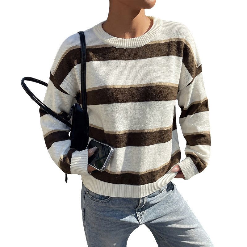 Brown Stripe Crew Neck Oversized Sweater