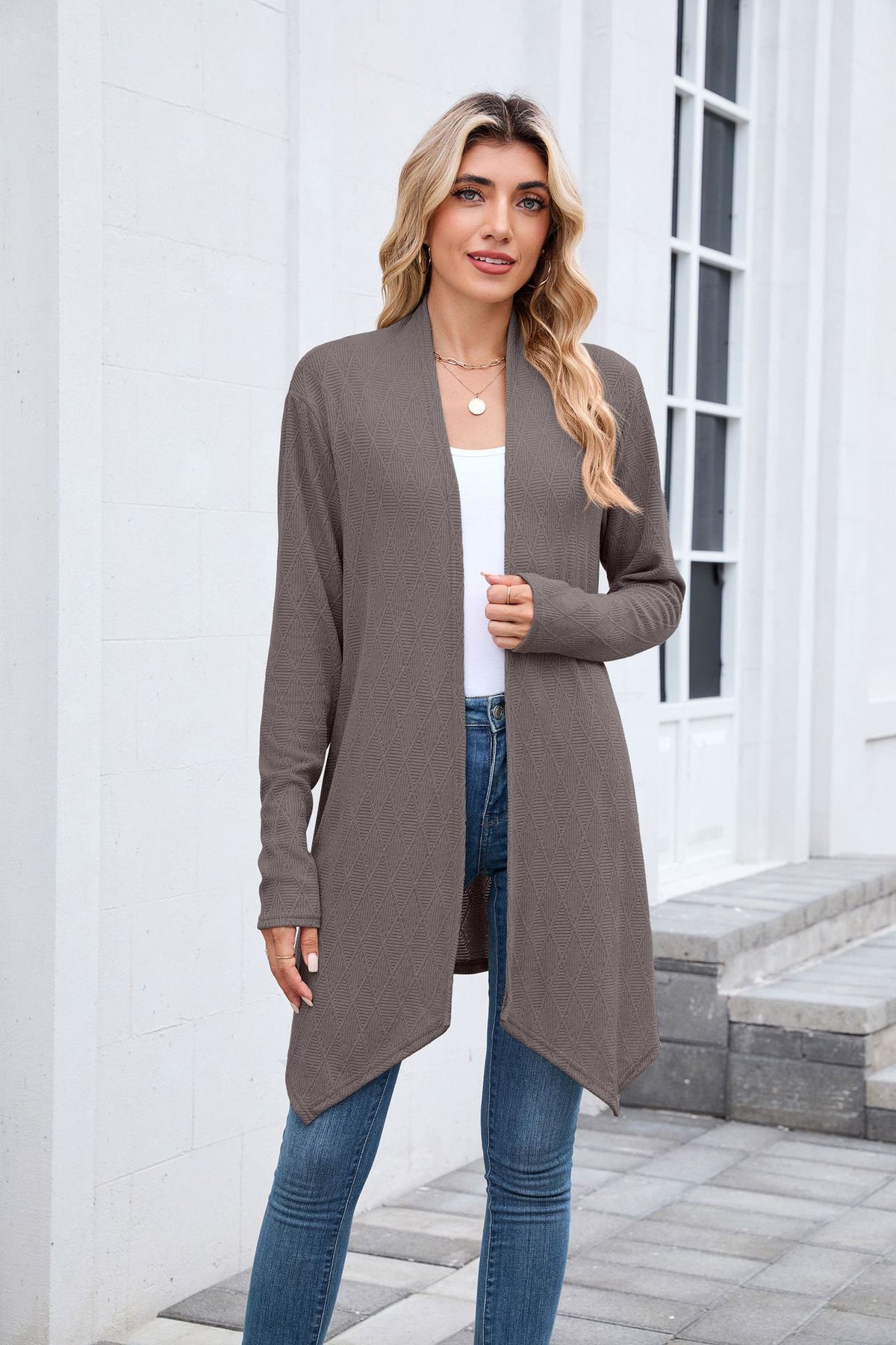 Women's Textured Open Front Long Knit Cardigan Sweater