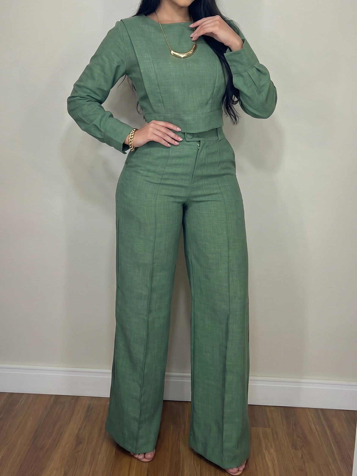 Women's Green 2 Piece Crop Top Wide Leg Pants Set