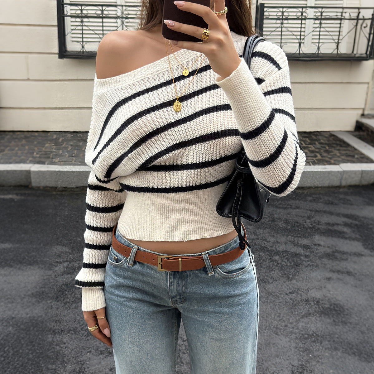 One Shoulder Striped Crop Sweater