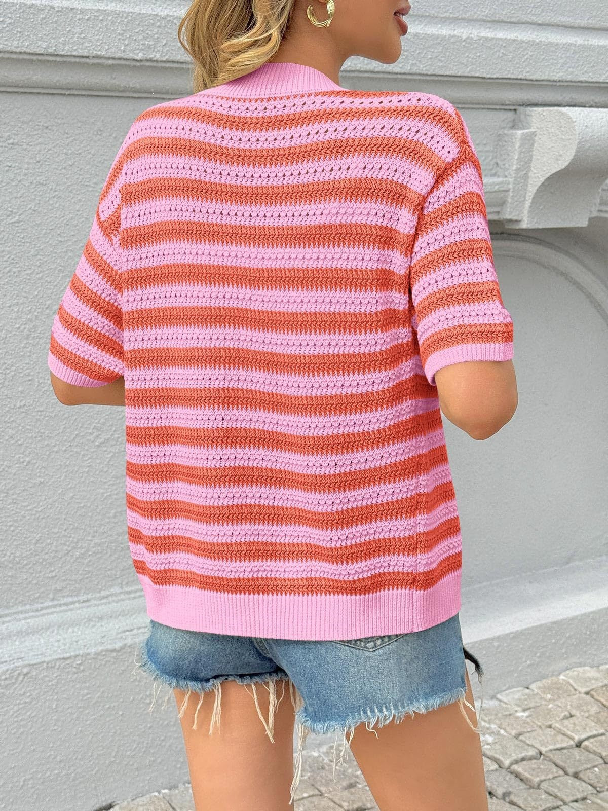 Striped Knit Cardigan Casual V Neck Button Front
