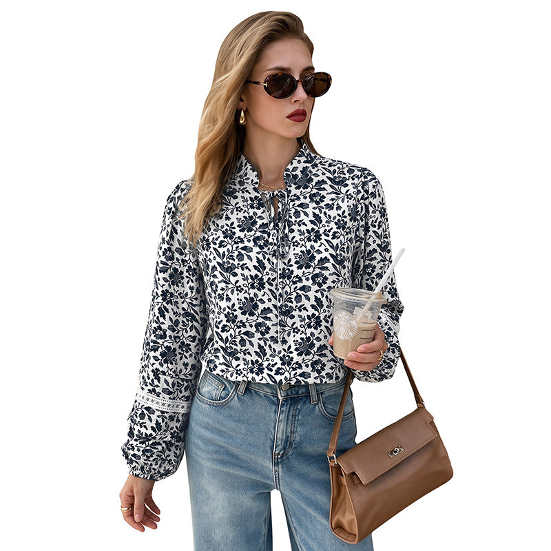 Floral Tie Neck Blouse Stand Collar Long Sleeve Top