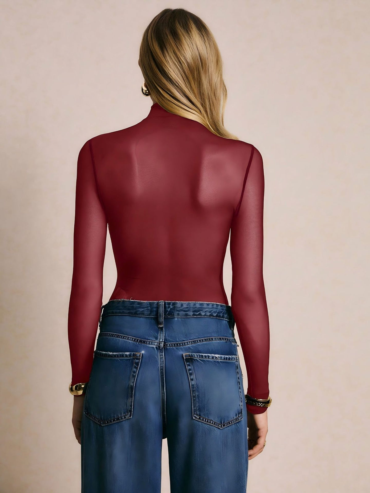 Sexy Sheer Mesh Long Sleeve Cross Neck Bodysuit