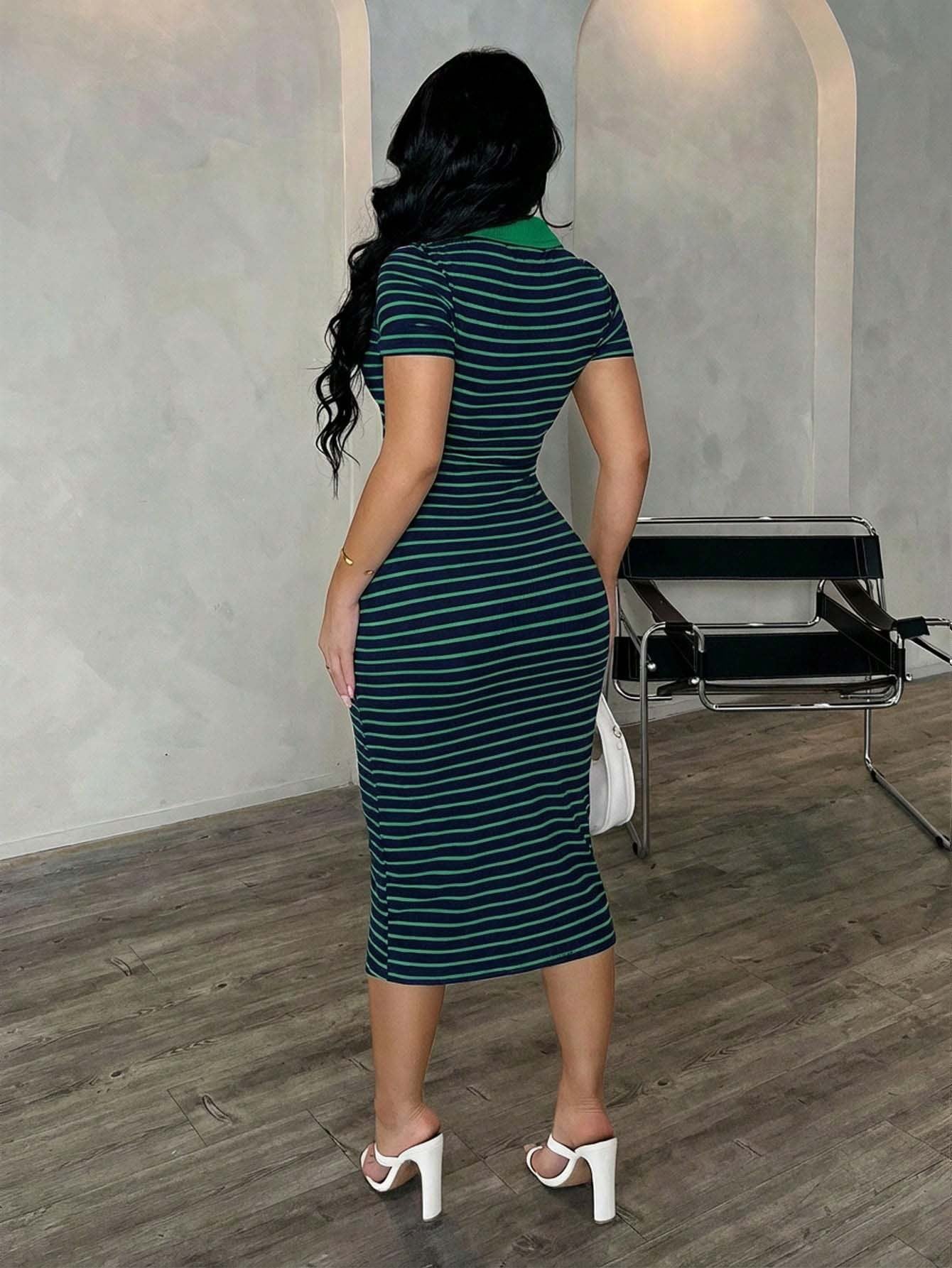 Striped Polo Collar Bodycon Midi Dress Short Sleeve Casual  Wear