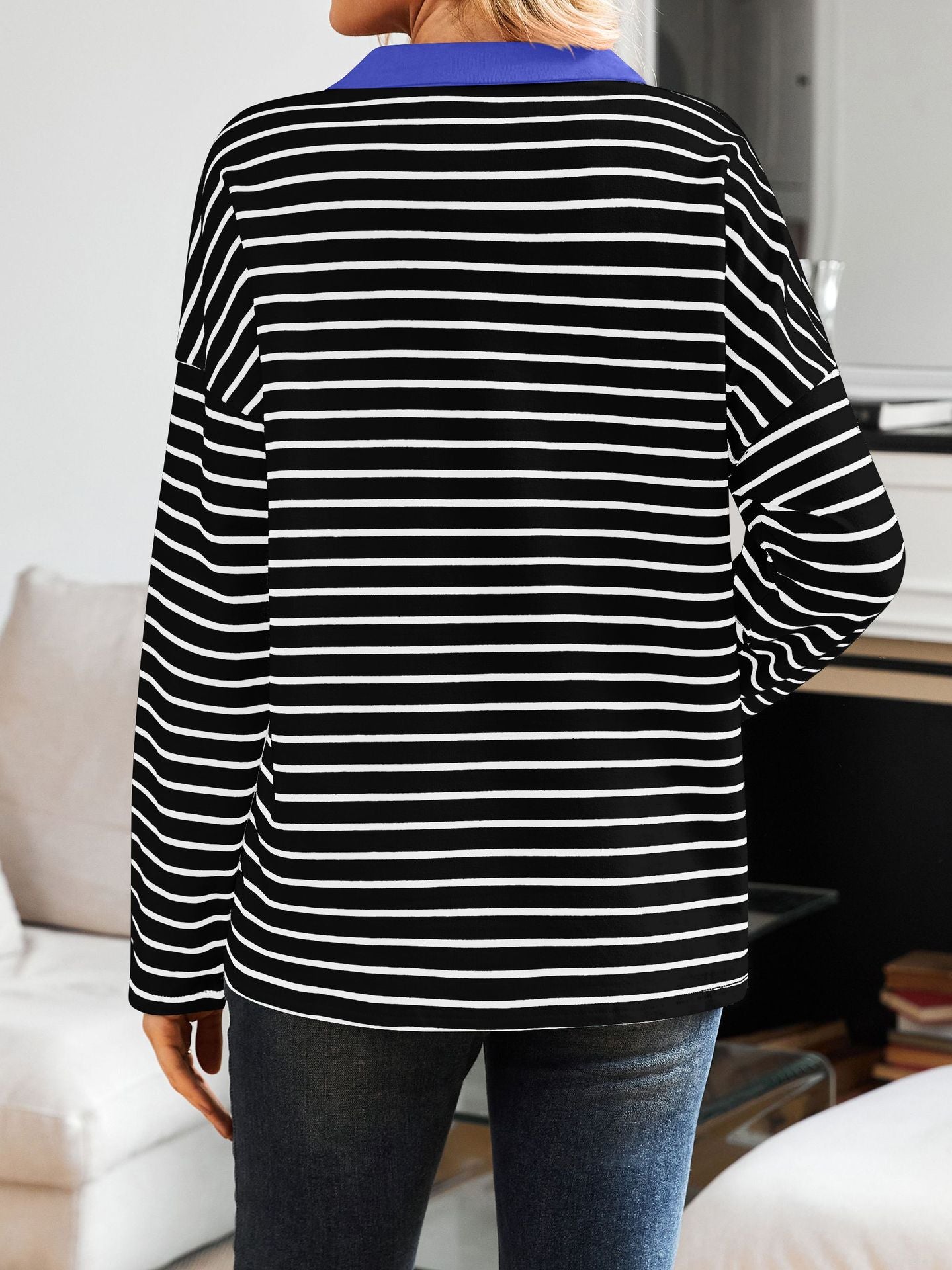 Striped V-neck Loose Sweatshirt Lapel Sweater