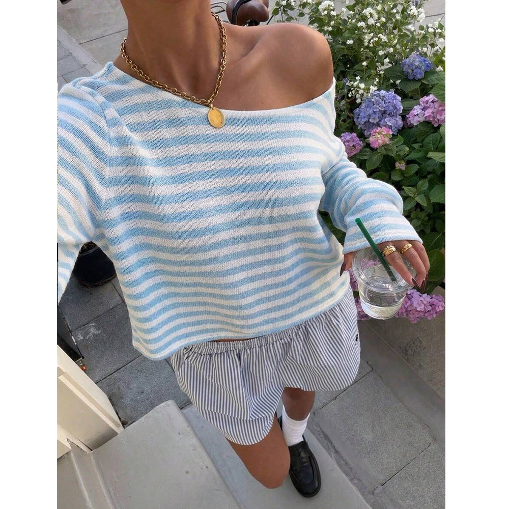 Striped Off Shoulder Long Sleeve Knit Top