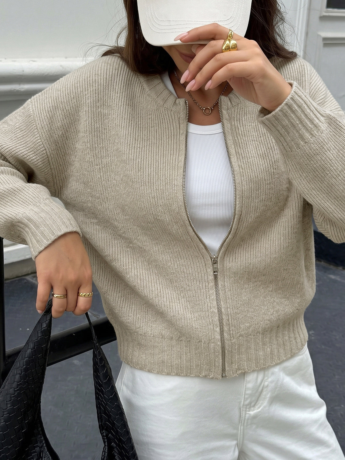 Zip Up Knit Cardigan Relaxed Fit Long Sleeve Sweater