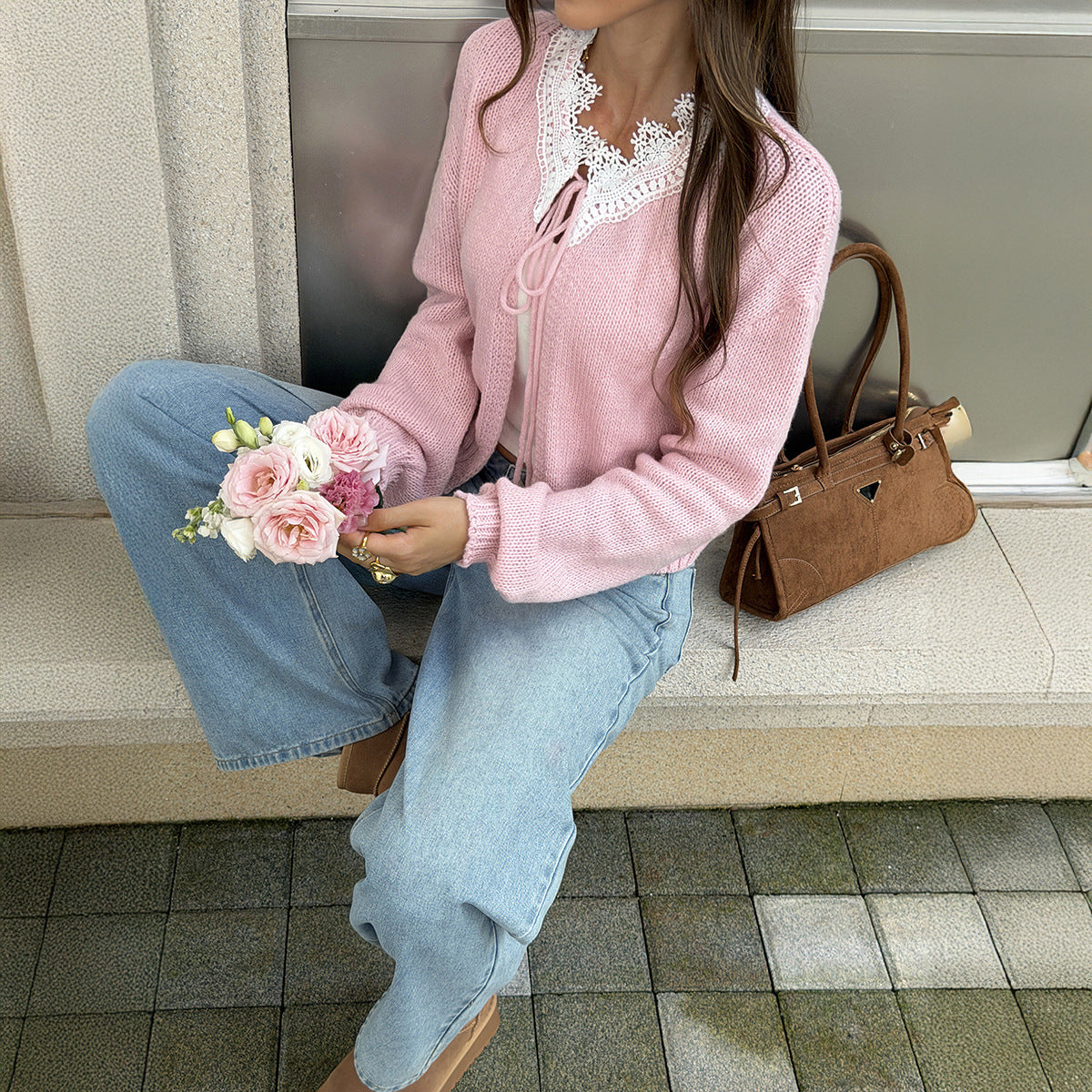 Women's Lace Tie Front Cropped Cardigan Sweater
