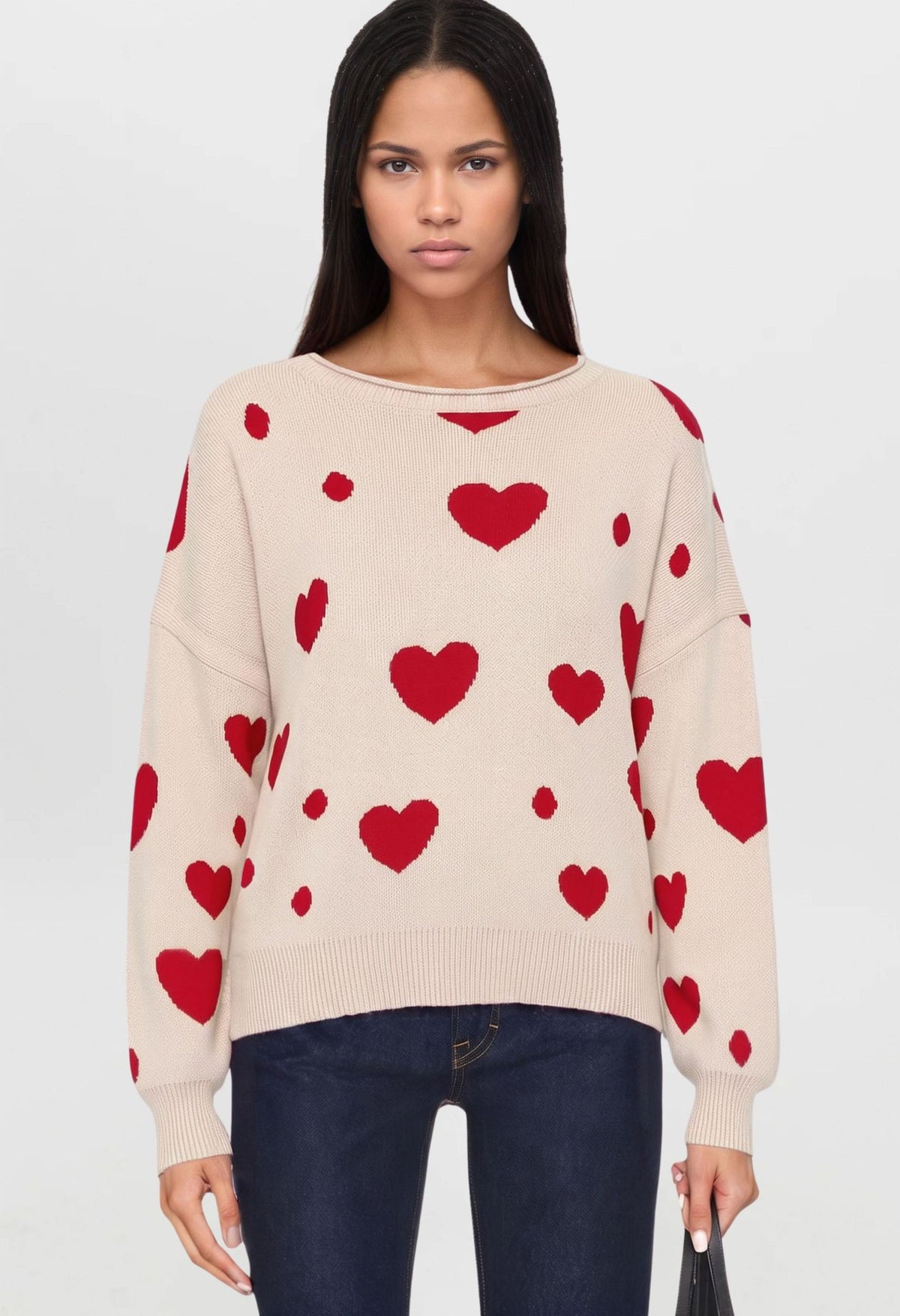 Women's Heart Print Crew Neck Long Sleeve Sweater