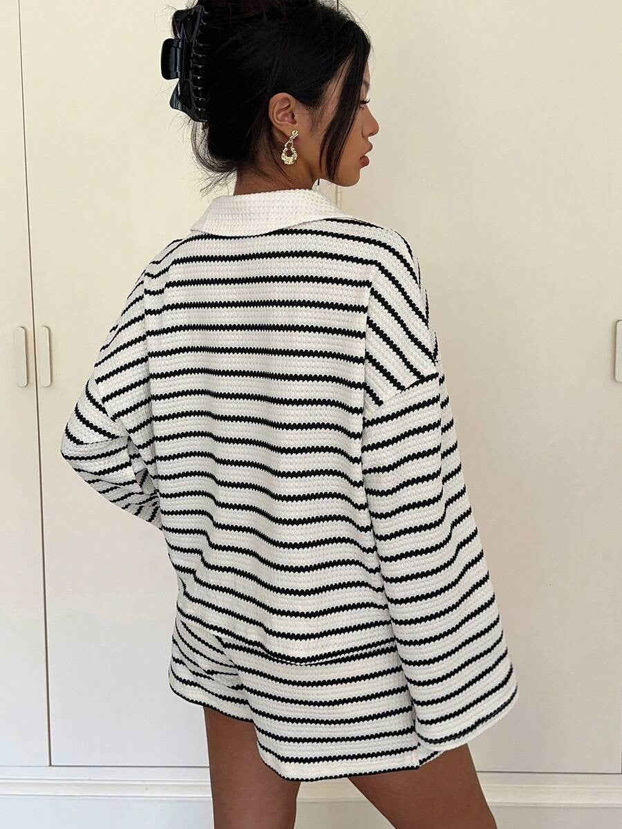 Striped Polo Lounge Set Resort Textured Collared Oversized