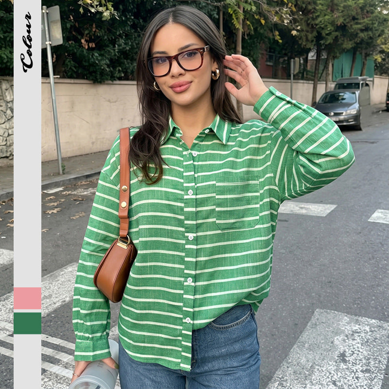 Striped Cotton Blend Shirt Korean Casual Oversized Blouse