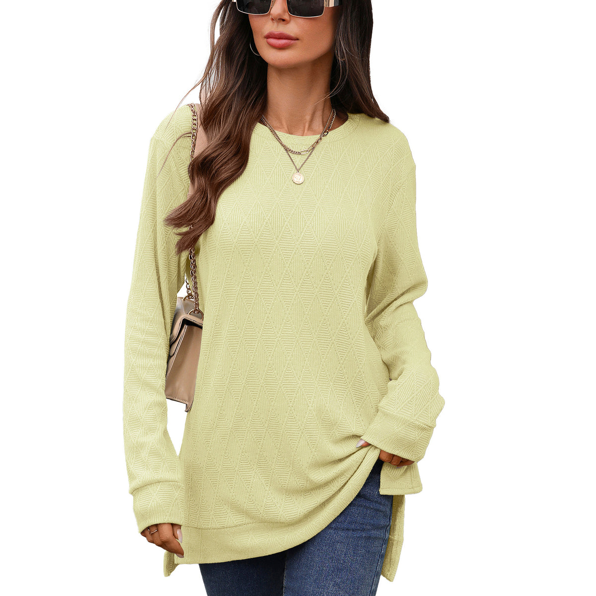 Women's Oversized Geometric Tunic Top Side Slit Long Sleeve
