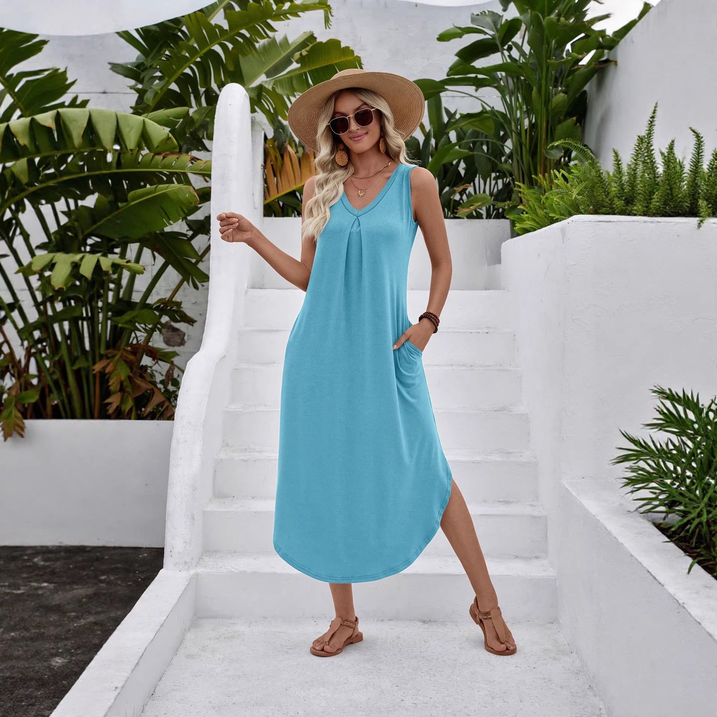 Solid Rayon Maxi Dress V Neck Sleeveless Boho Casual