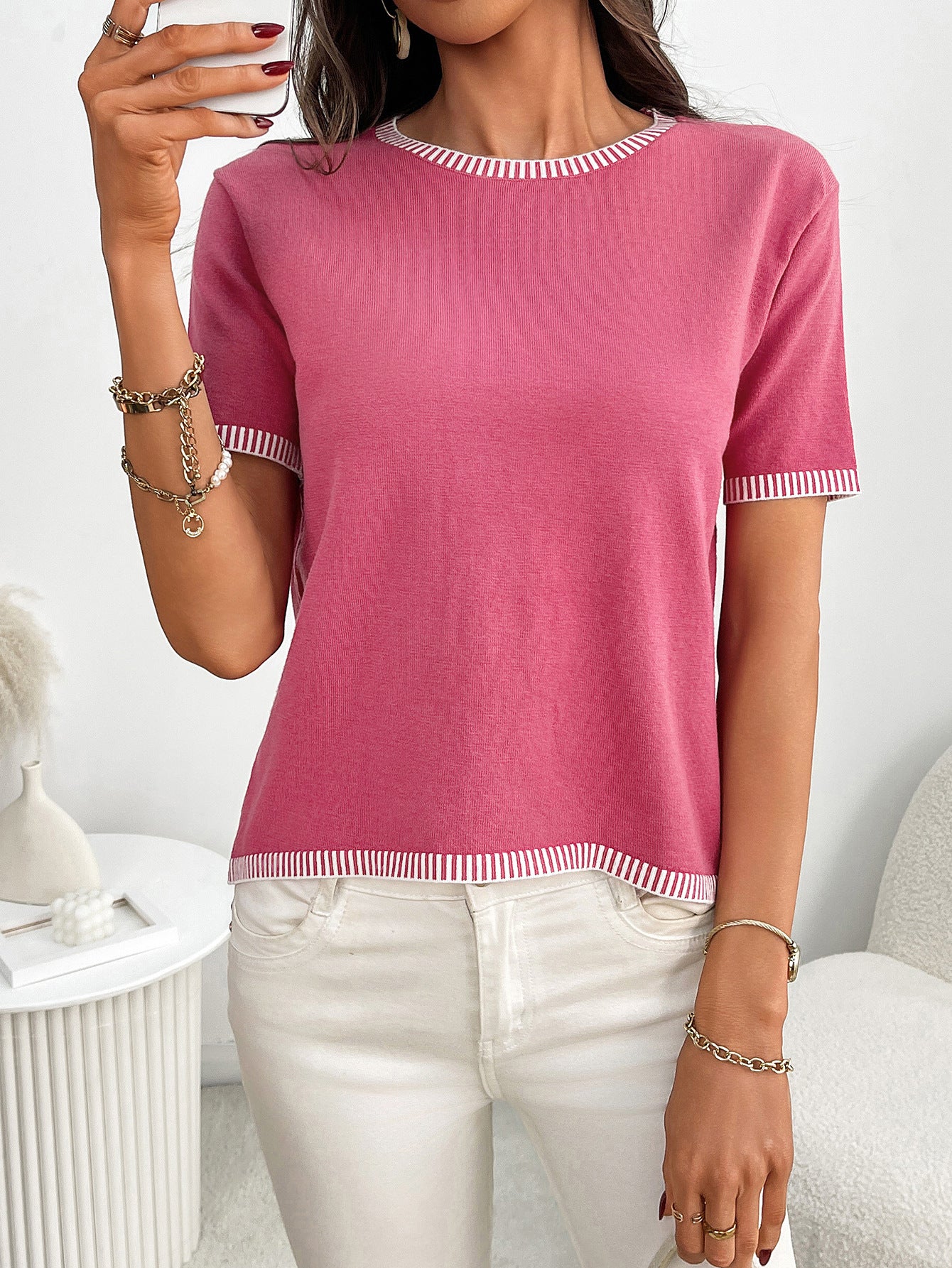 Women’s Striped Trim Short Sleeve Knit Top Pullover Tee