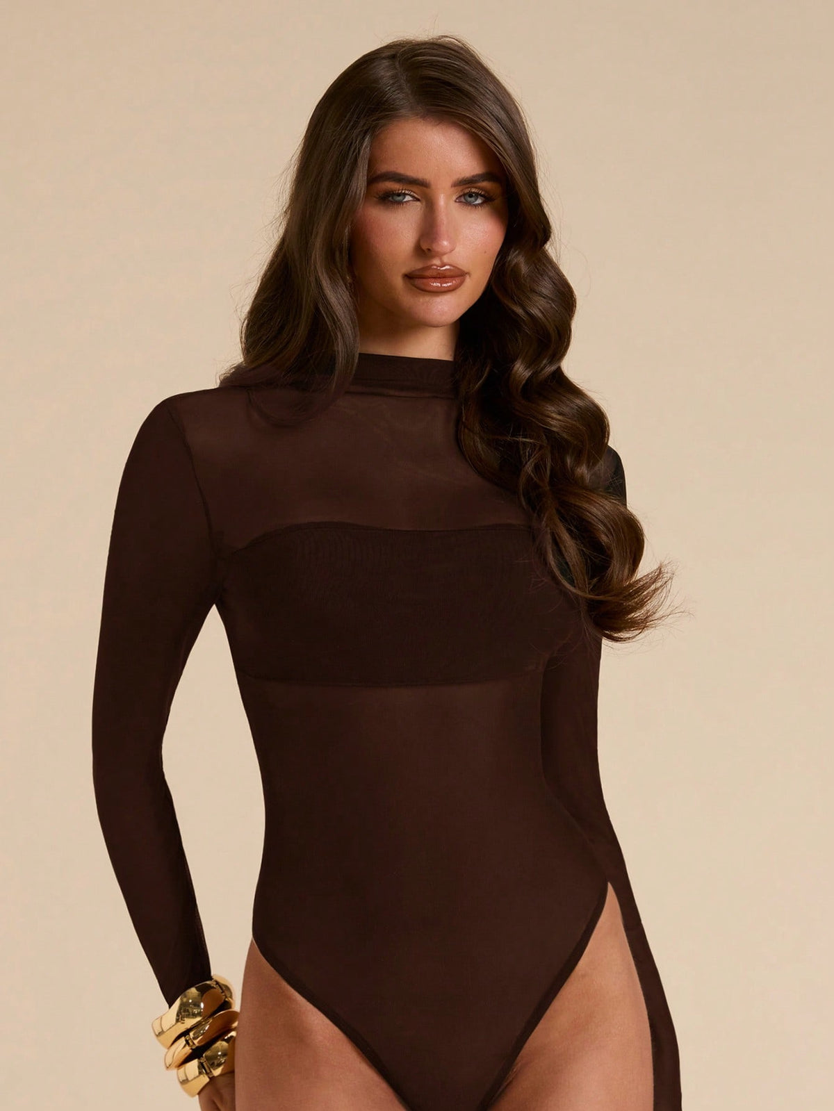 Sexy Sheer Mock Neck Long Sleeve Bodysuit
