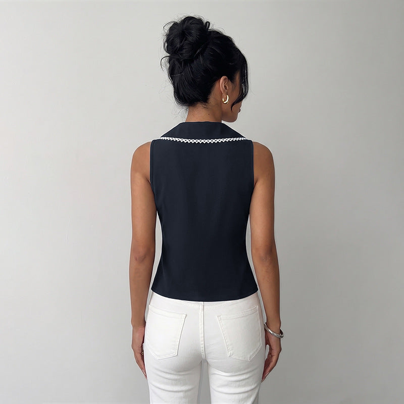 Navy Tie Front Sleeveless Sailor Collar Boutique Top
