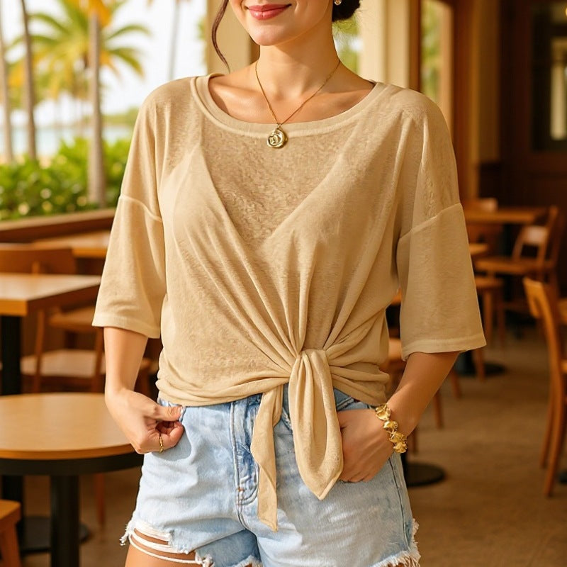 Women’s Solid Tie Front Off Shoulder Beach Cover Up