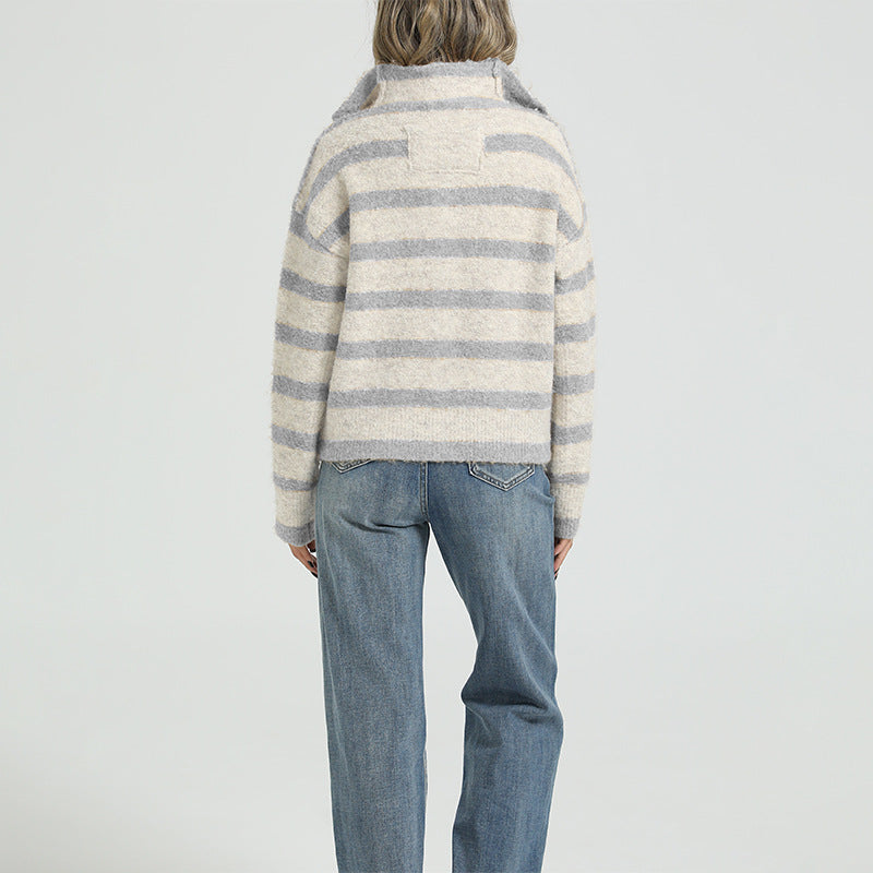 Women's Striped Collared Button Front Fuzzy Cardigan