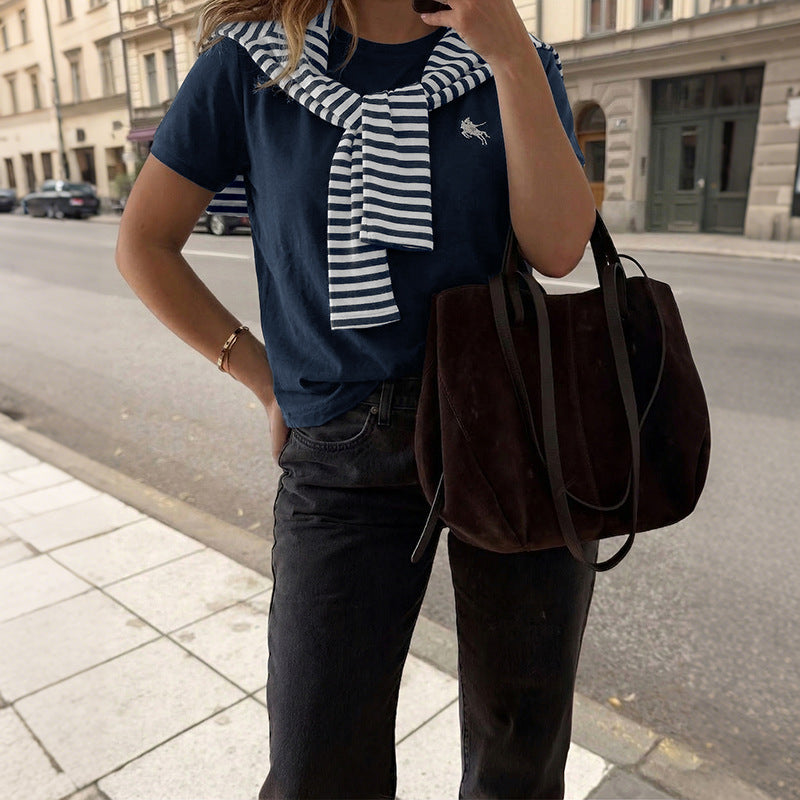 Women Stripe Patchwork Short Sleeve Casual T Shirt