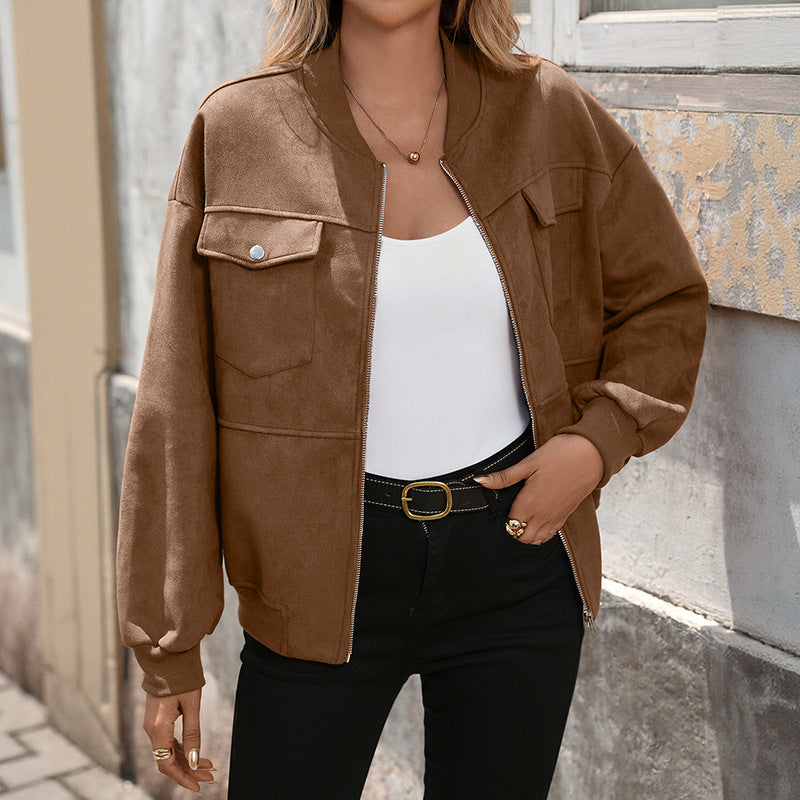 Baseball Collar Suede Casual Jacket with Zip Pockets