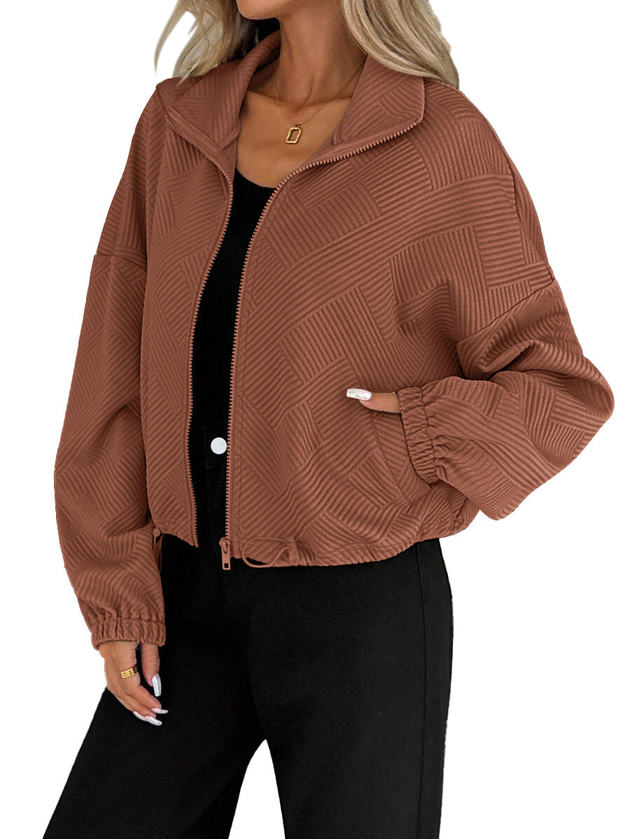 Textured Polyester Jacket Casual Bomber Oversized Zip Up