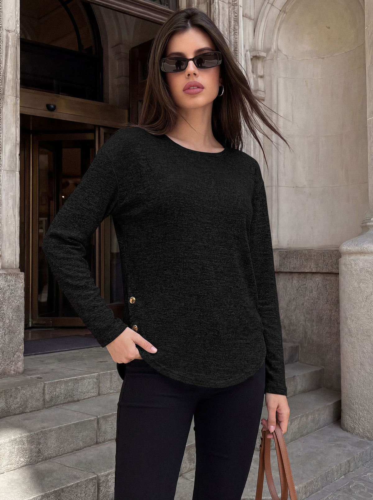 Women's Loose Long Sleeve Side Button Slit Tunic Top