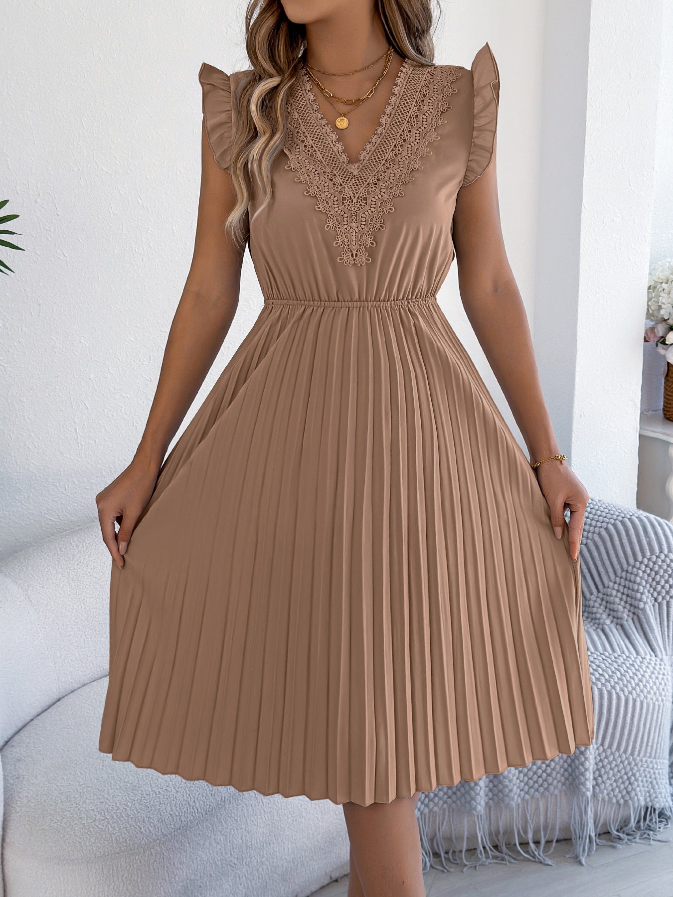 Pink Lace V Neck Pleated Midi Dress with Flutter Sleeves
