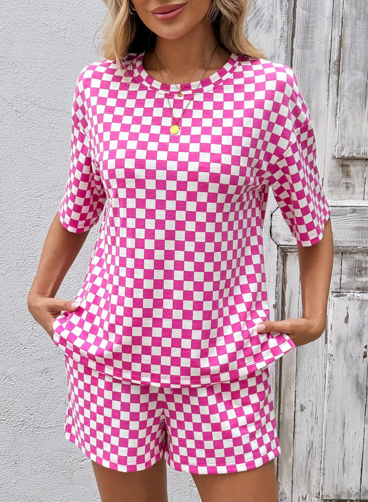 Women's Checkerboard Lounge Set Drawstring Shorts Casual