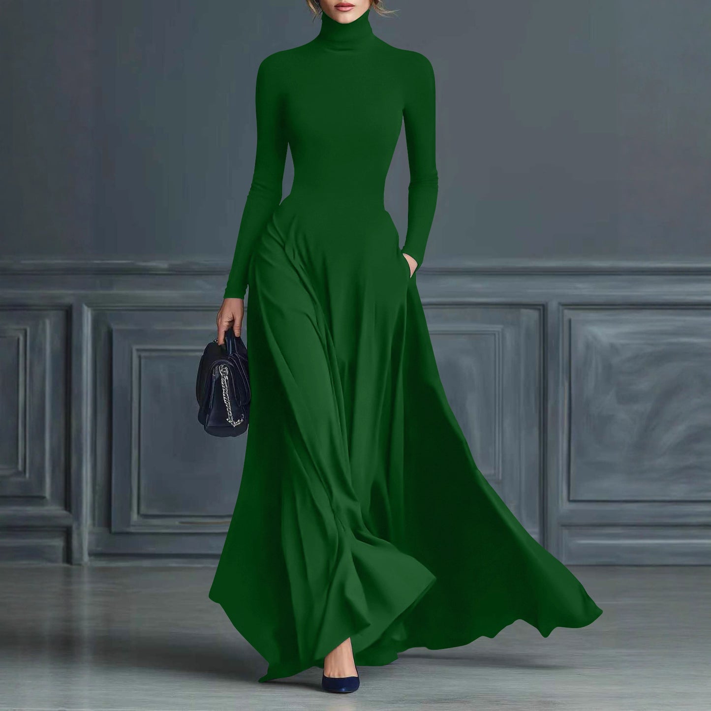 Women's Turtleneck Fit & Flare Long Sleeve Maxi Dress