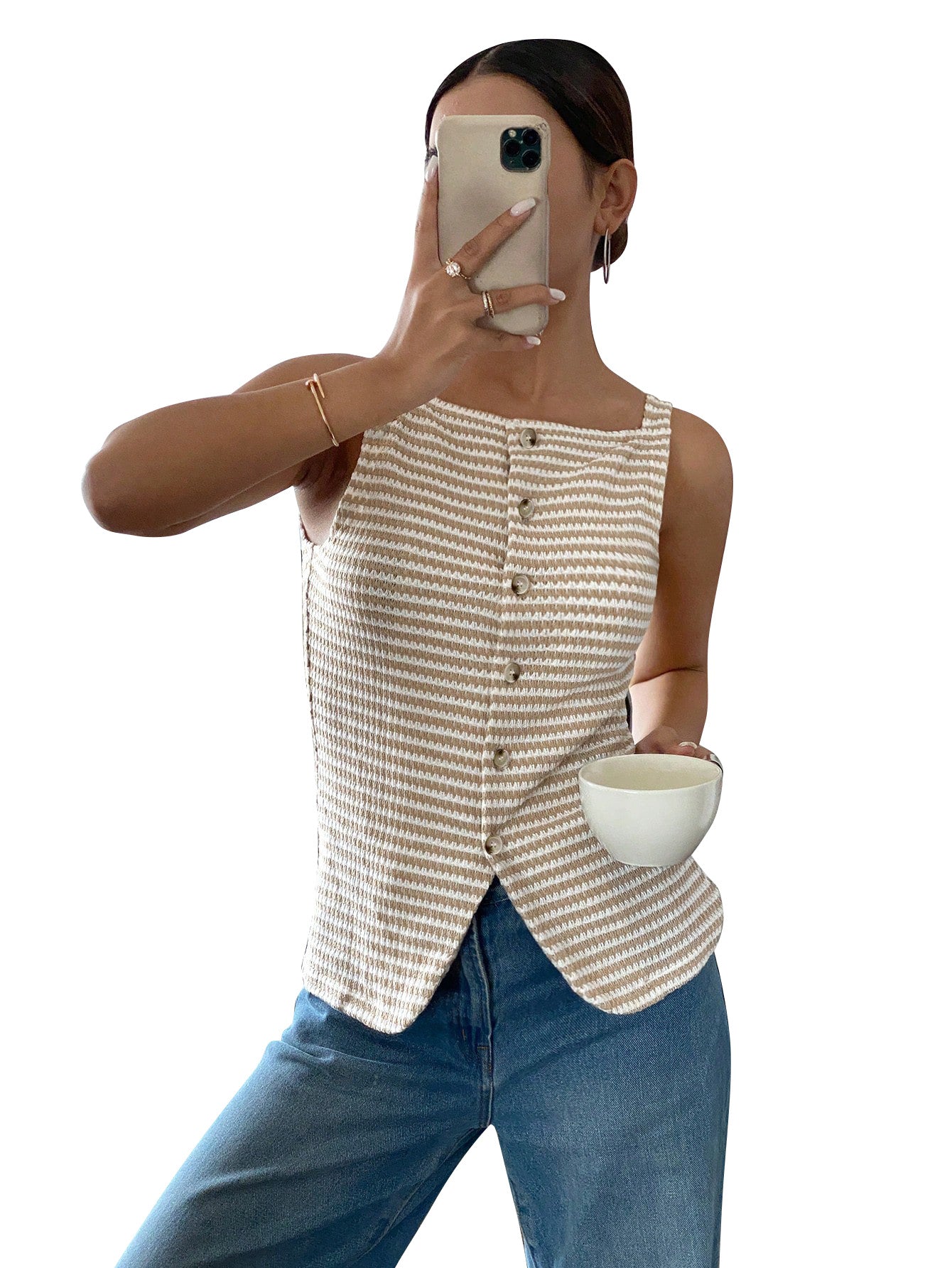 Striped Button Front Sleeveless Tank Top with Slit Hem