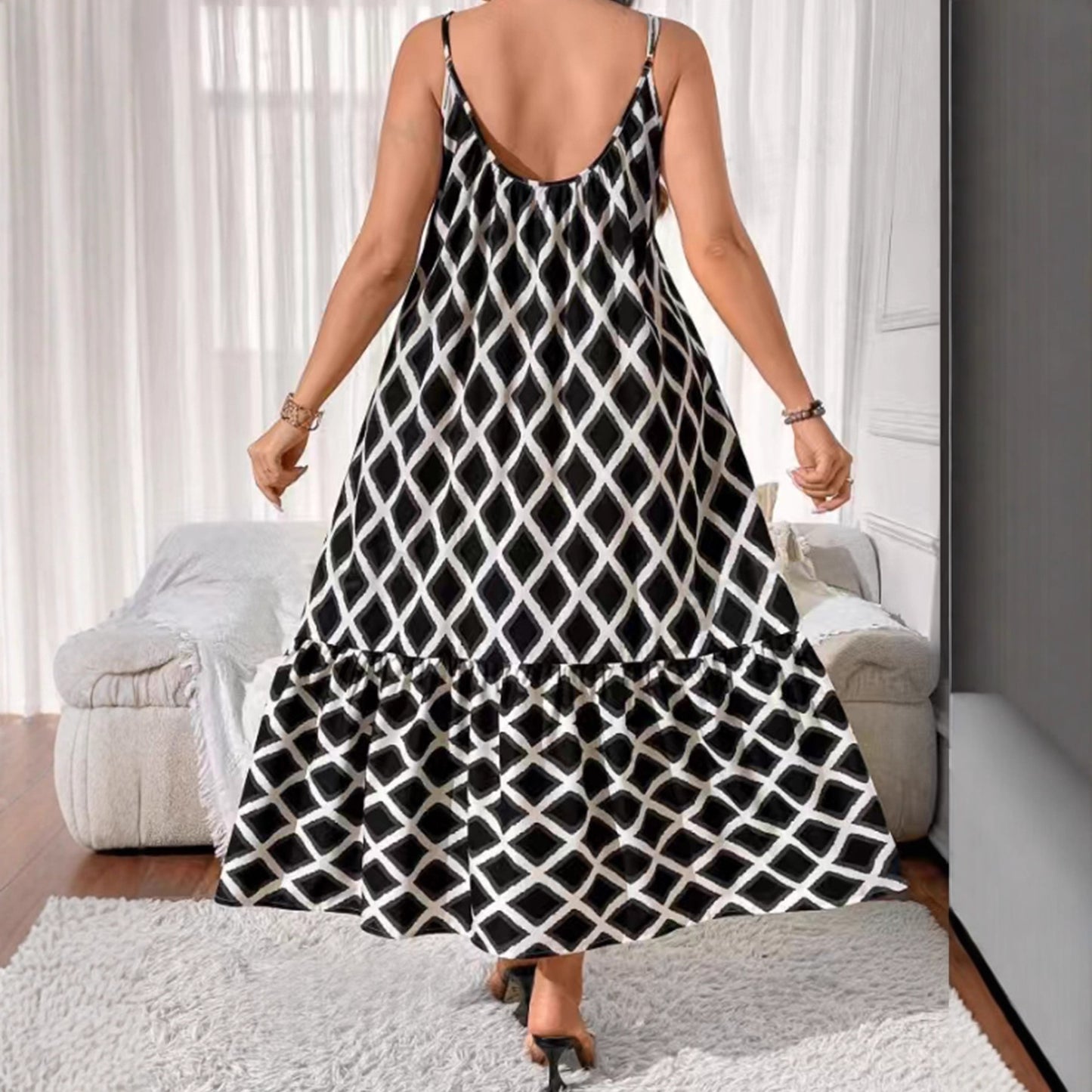 Plus Size Geometric Print Cami Maxi Dress Ruffle Hem