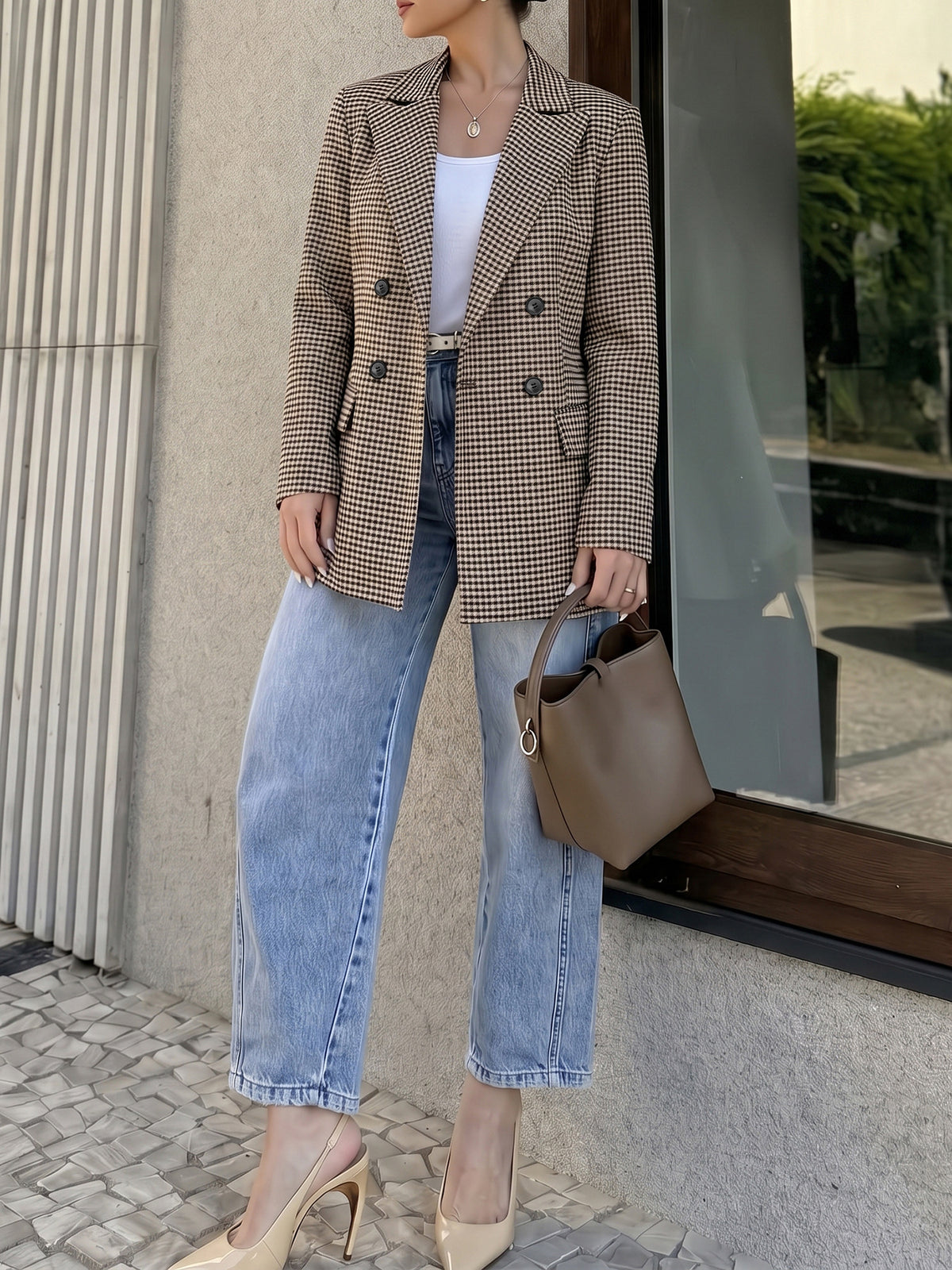 Women's Oversized Houndstooth Double Breasted Blazer