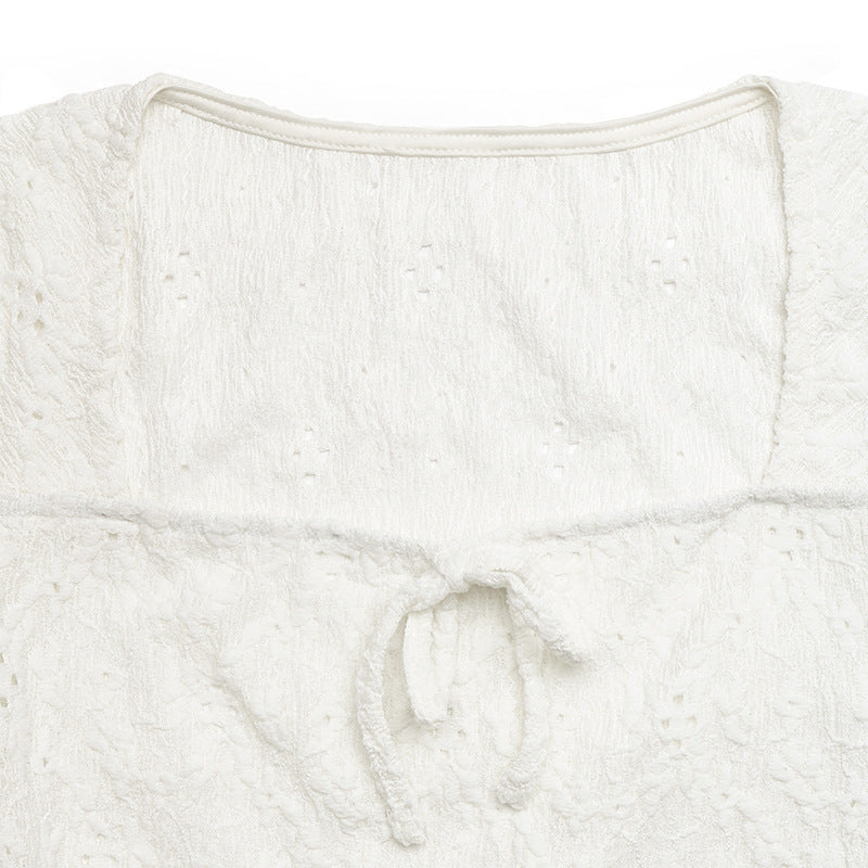 Eyelet Lace Square Neck Tie Front Top
